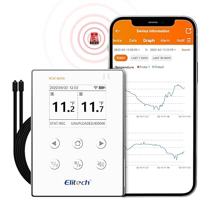 Real Instruments Elitech Wireless Digital Data Logger Remote Real-Time Temperature Monitor Cloud Data Storage SMS/Email/APP/Web Alarm, WiFi Dual External Temp Probe, RCW-800W-TDE(-40~176℉), RCW-800