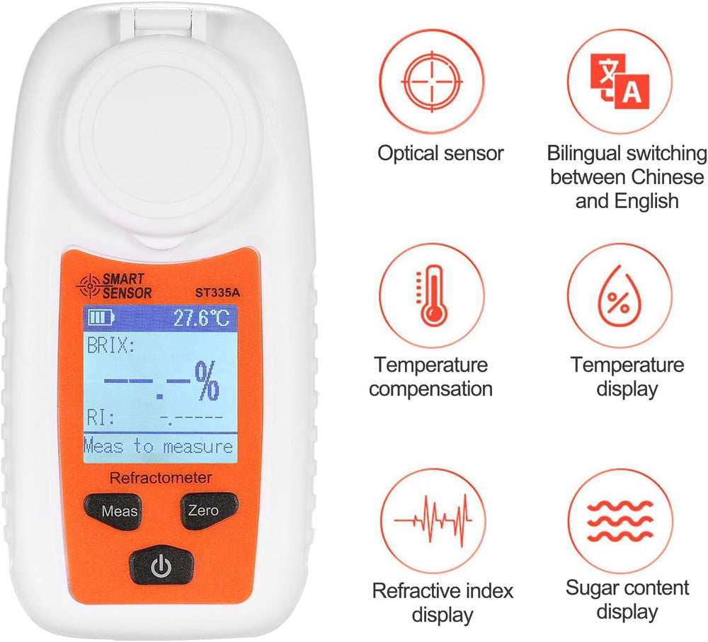 Real Instruments Digital Refractometer 0-35% Smart Sensor ST335A LCD Refractometer Handheld Honey Refractometer ATC Sugar Percent Tester Sugar Concentration Detector Sugar Solution Content Test Tool