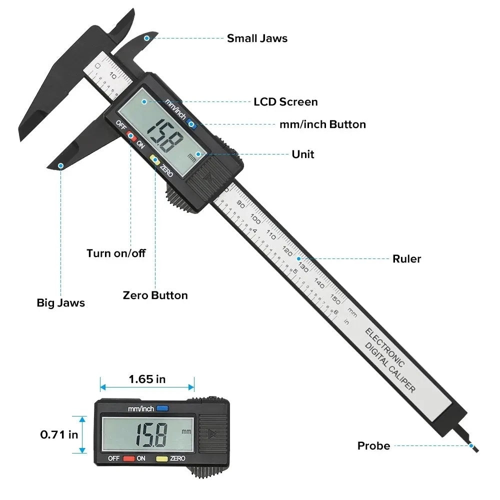 Real Intruments Digital Carbon Fiber Vernier Caliper 0-150mm (0-6 Inch), LCD Display, Dual Metric & Imperial Unit Conversion, Zero Reset Function & Lightweight Non-Magnetic Corrosion-Resistant Composite Material for Woodworking, Jewelry, DIY etc, VC-03