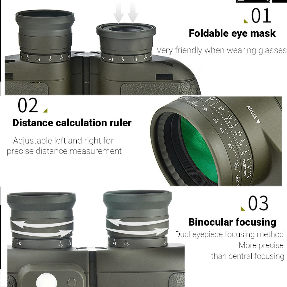 Real Instruments Military-Grade 7x50 Waterproof Binoculars with Built-in Compass & Rangefinder – Floating, Fog-Proof, Tactical Marine Optics