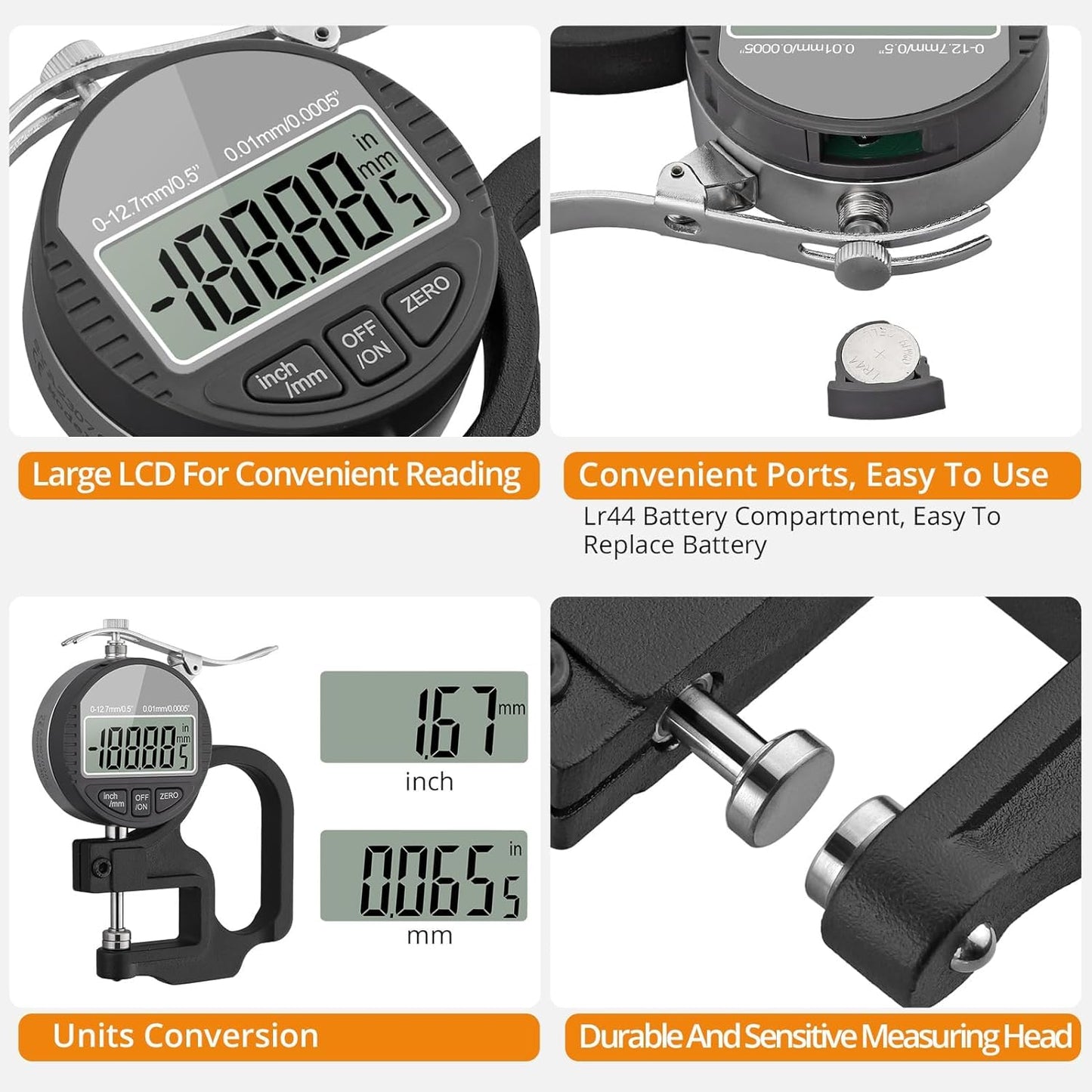 Real Instruments Digital Thickness Gauge Measuring Range 0-12.7mm, Accuracy 0.01mm Thickness Meter With LCD Display Inch/Metric, Suitable For Paper/Film/Leather/Wire Thickness Gauge