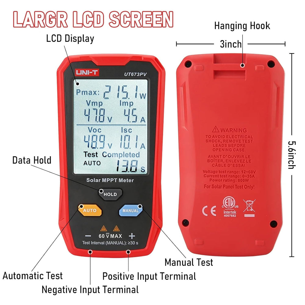 Real Instruments UT673PV Solar Panel Tester, Photovoltaic Multimeter 800W, Solar MPPT Meter with Large Ultra Clear LCD, Smart MPPT Open Circuit Voltage Troubleshooting, Data Test for Photovoltaic Modules