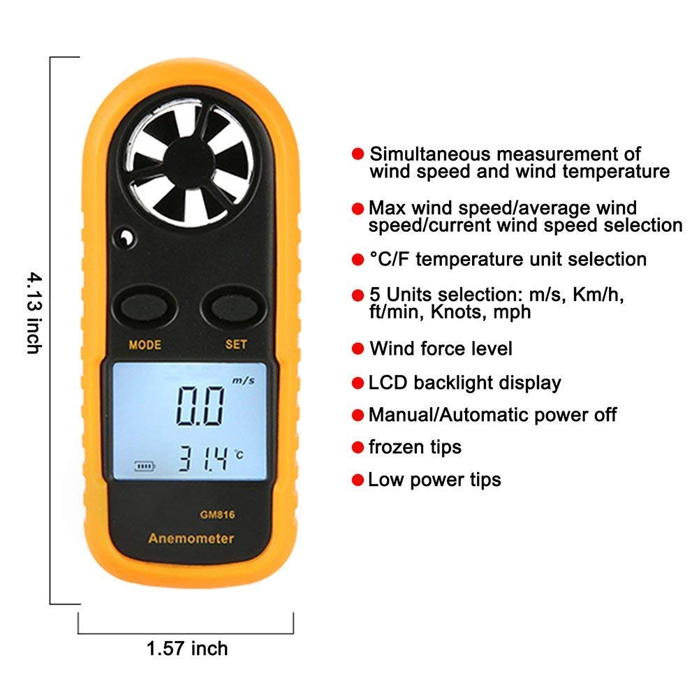 Real Instruments GM816 Portable Anemometer Thermometer Air Wind Speed Gauge Meter Air Flow Velocity Windmeter 30m/s LCD with Temperature Tester