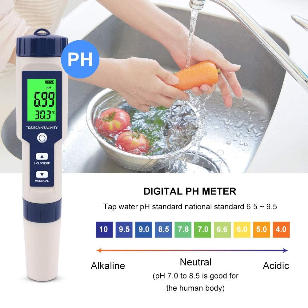 Real Instruments Water Quality Tester, 5 in 1 Function Water Quality Testing Meter PH/Salinity/TDS/EC/Temperature Tester With Backlight For Aquaculture, Drinking Water, Pool