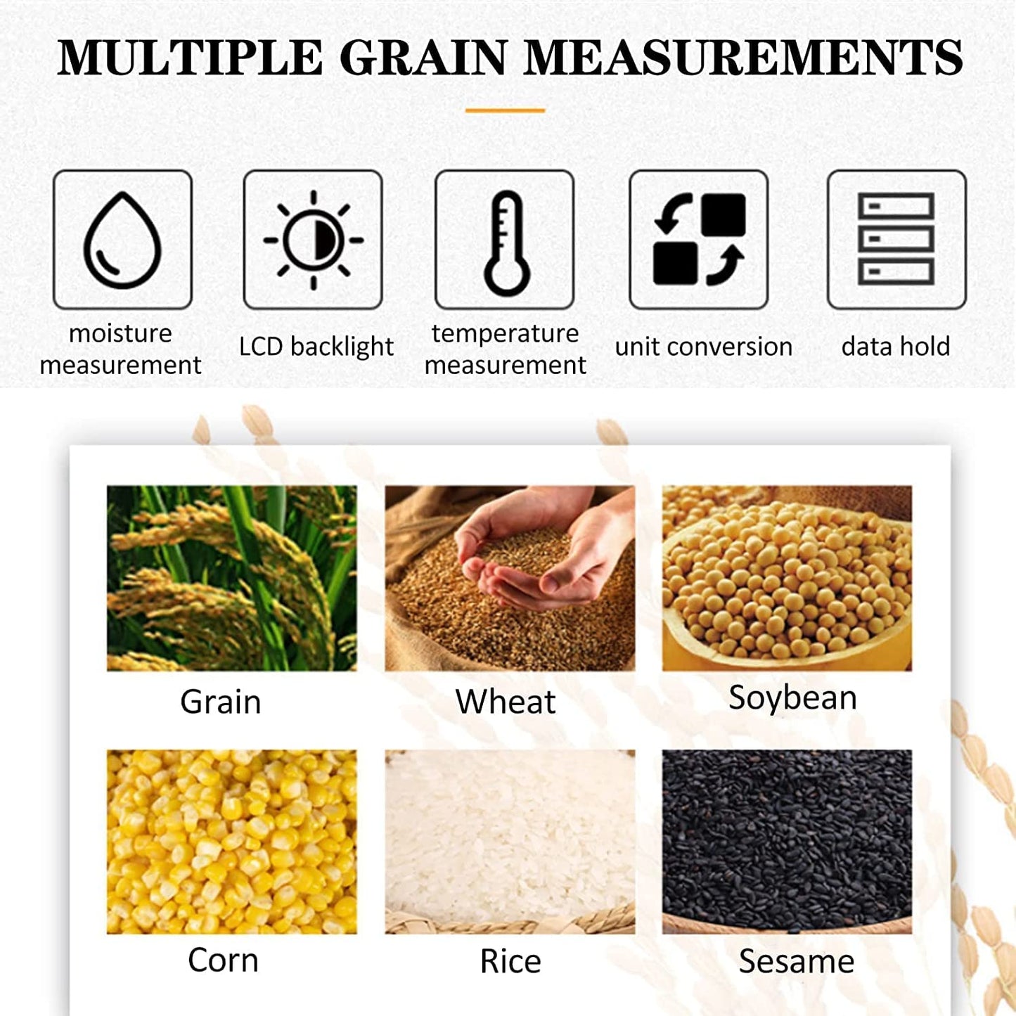 Real Instruments Grain Moisture Meter With Long Measuring Probe & Digital LCD Display For 8 Grains Moisture Testing Corn Soybean Wheat Rice Paddy Barley Fodder Rapeseed, Range 5~30% GMM-640