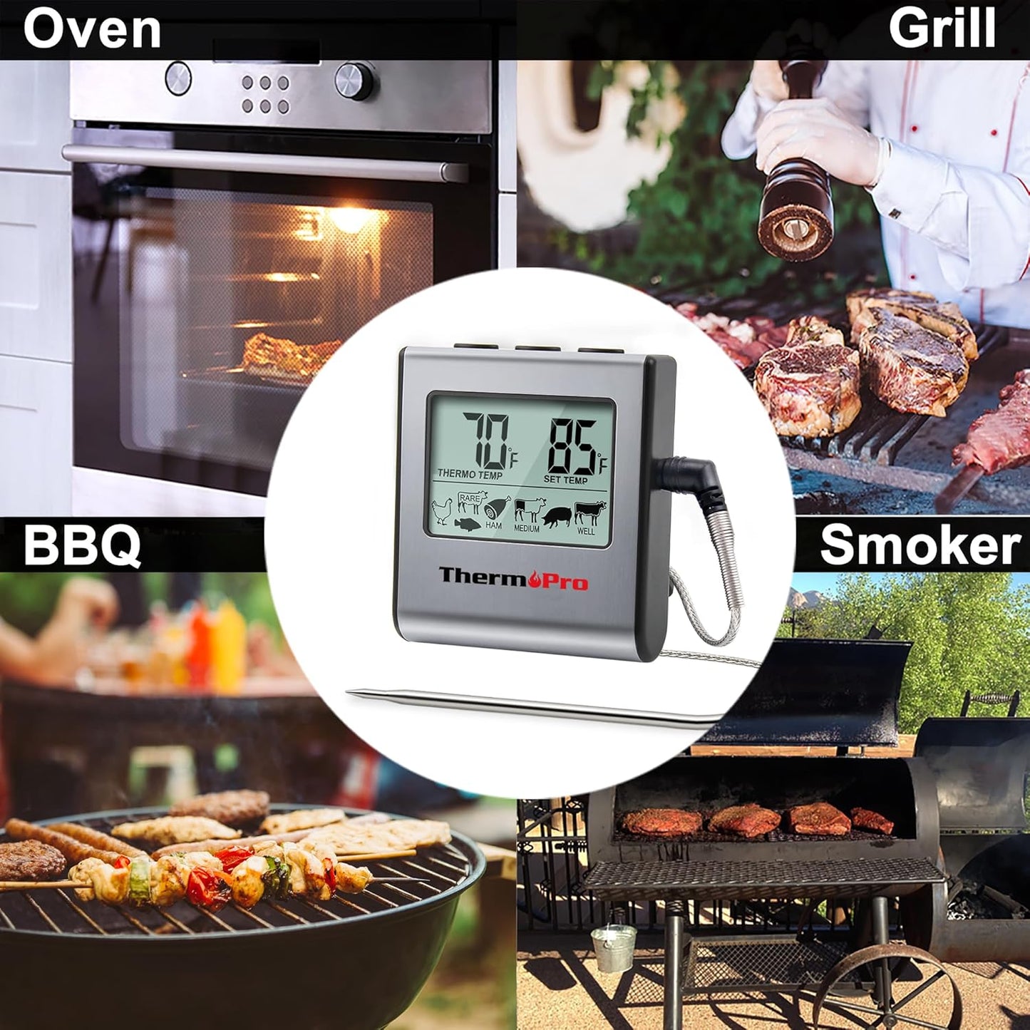 ThermoPro TP-16 Large LCD Digital Cooking Kitchen Thermometer for Food, BBQ, Grill, Meat, Oven, Smoker with Stainless Steel Step-Down Probe and Built in Clock Timer