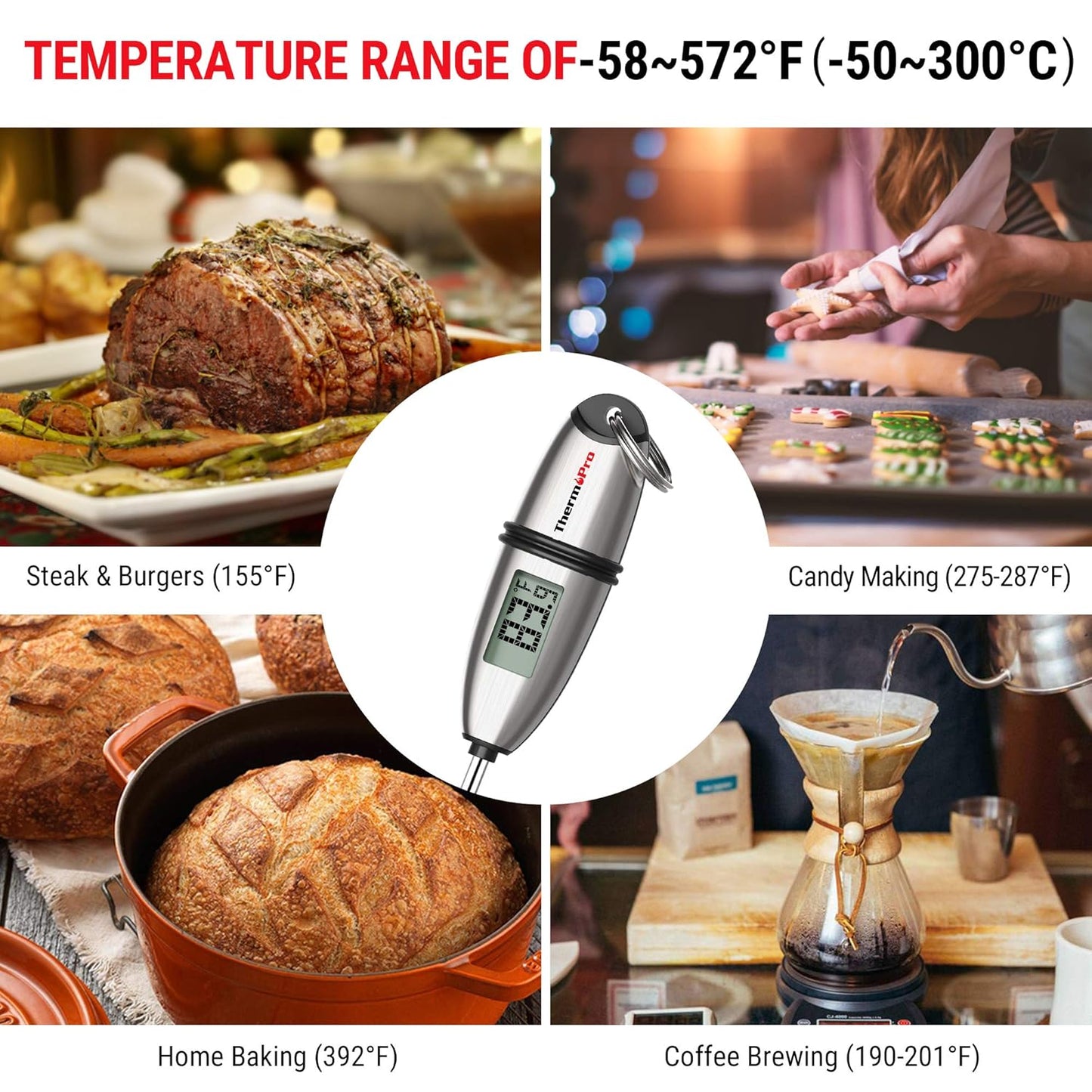 ThermoPro TP-02S Instant Read Meat Thermometer Digital Cooking Food Thermometer with Super Long Probe for Grill Candy Kitchen BBQ Smoker Oven Oil Milk Yogurt Temperature