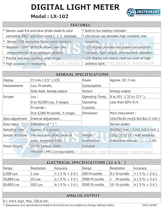 HTC Digital Lux Meter Model LX-102 for Accurate Illuminance Measurement Range of 0 to 200,000 Lux, High Resolution, LCD Display, Data Hold Function, Auto Power-Off for Use in Lighting Design, Quality Control & Environmental Monitoring