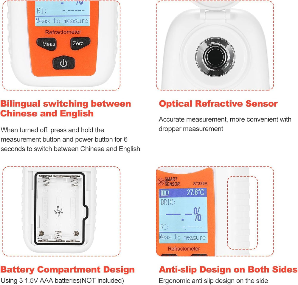 Real Instruments Digital Refractometer 0-35% Smart Sensor ST335A LCD Refractometer Handheld Honey Refractometer ATC Sugar Percent Tester Sugar Concentration Detector Sugar Solution Content Test Tool