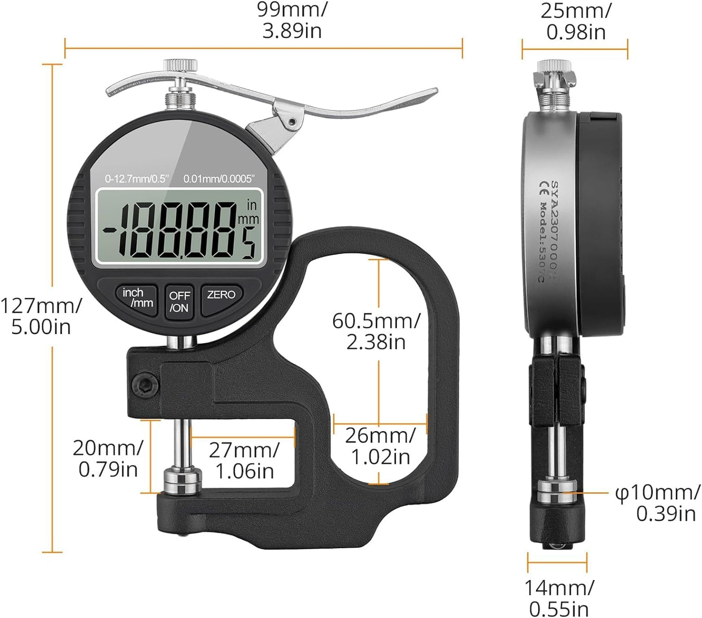 Real Instruments Digital Thickness Gauge Measuring Range 0-12.7mm, Accuracy 0.01mm Thickness Meter With LCD Display Inch/Metric, Suitable For Paper/Film/Leather/Wire Thickness Gauge