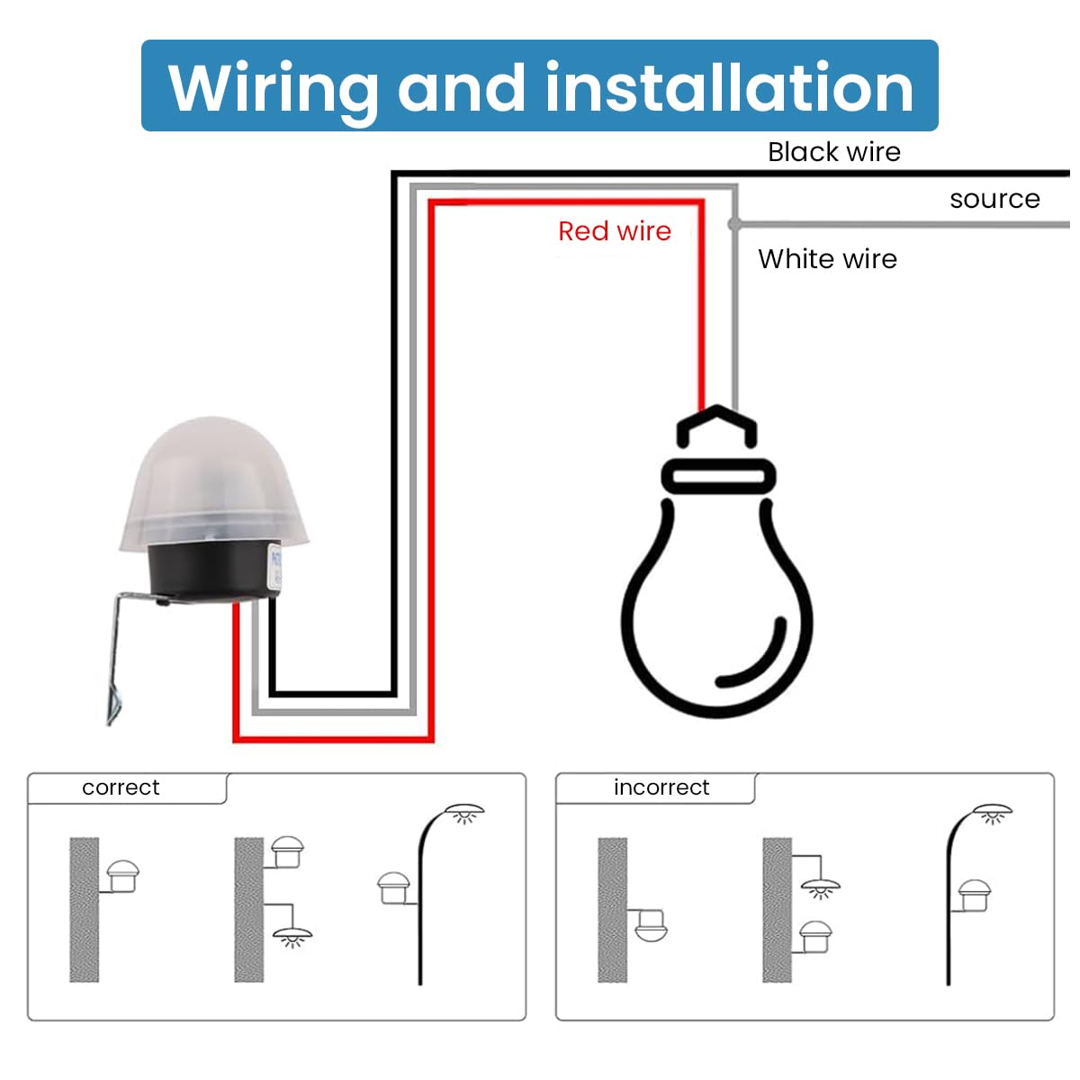 Real Instruments Street Light Photocell Sensor LED Light Auto On/Off Photoresistor Dusk to Dawn LED Bulb Light Waterproof Outdoor DIY Modification LED Photocell Light 220V Wired Dusk to Dawn Light for Balcony, Stairs, Garden, Garage