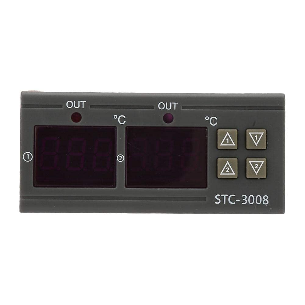 Real Instruments Digital Temperature Controller, STC-3008 50/60Hz Dual Display Dual NTC Probe Sensor 10A -50°C-70°C Digital Temperature Thermostat Controller (110~220V)