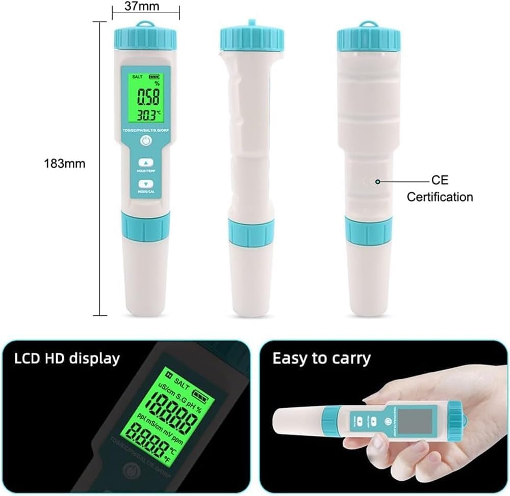 Real Instruments Water Quality Tester 7 in 1 PH Total Dissolved Solids TDS/PH/EC/ORP/Salinity/S.G/Temperature Testing IP67 Waterproof ℃/℉ Units Conversion Automatic Temperature Compensation