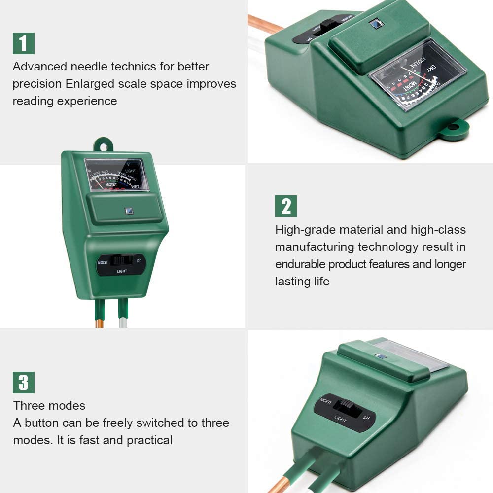 Real Instruments PH Meter for Soil Testing - New 3 in 1 Soil Moisture Sensor, Soil pH Meter for Agriculture & Solar Light Meter, Moisture Meter for Plants, Acidity Tester (SMM-3 (Square))