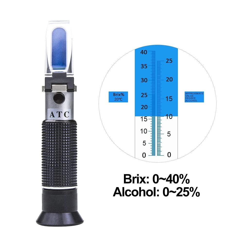 Real Instruments Dual Scale Of 0 To 40% Brix & 0 To 25% Vol Refractometer With ATC Accurate Alcohol And Brix Measurement For Testing Grape Wine Brewing Measuring Sugar Content Grape Juice