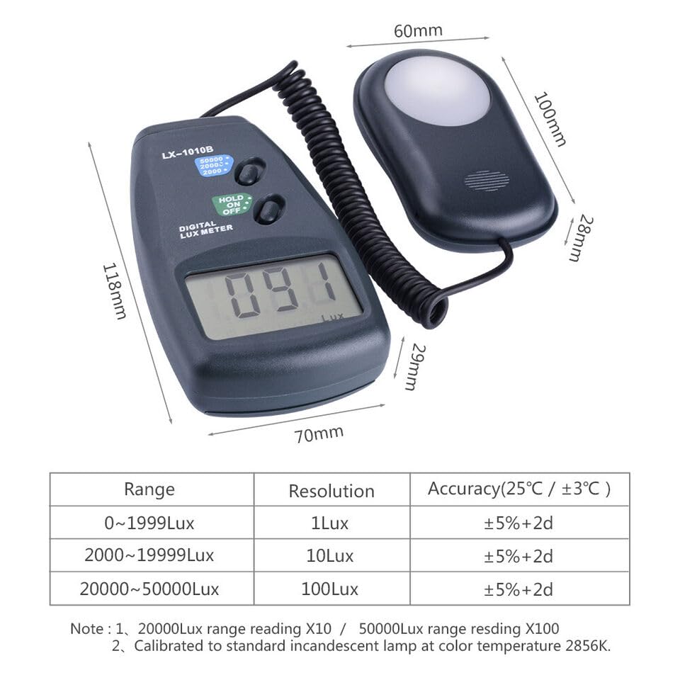 Real Instruments Digital Lux Meter Illuminance Camera Photometer FC Measure Light Meter Tester with LCD Display Flexible Sensor Light Tester for Photography, Plants, Indoor, Outdoor (LX-1010B)