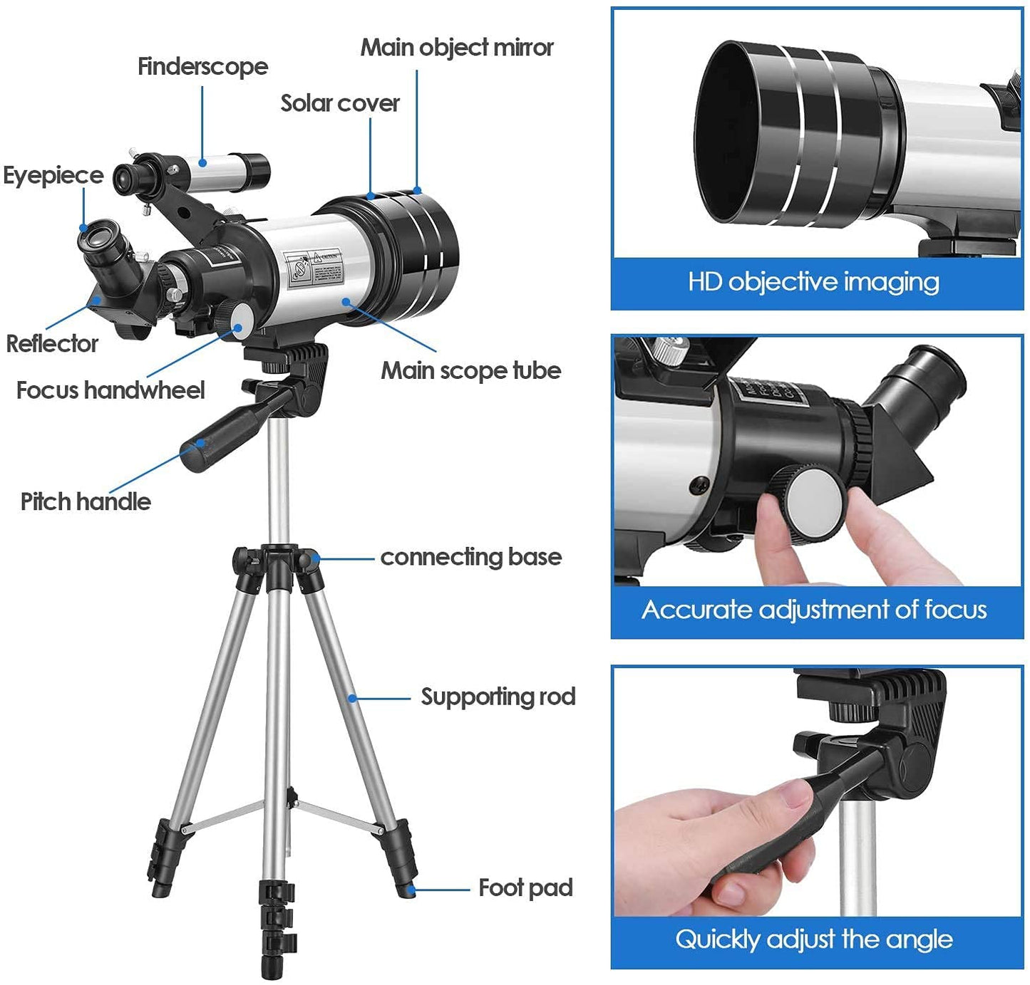 Real Instruments F30070M Telescope For Students High Power Telescope With Adjustable Tripod, F30070