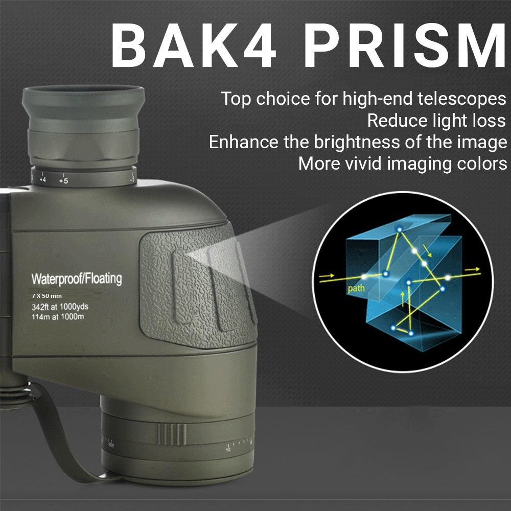 Real Instruments Military-Grade 7x50 Waterproof Binoculars with Built-in Compass & Rangefinder – Floating, Fog-Proof, Tactical Marine Optics