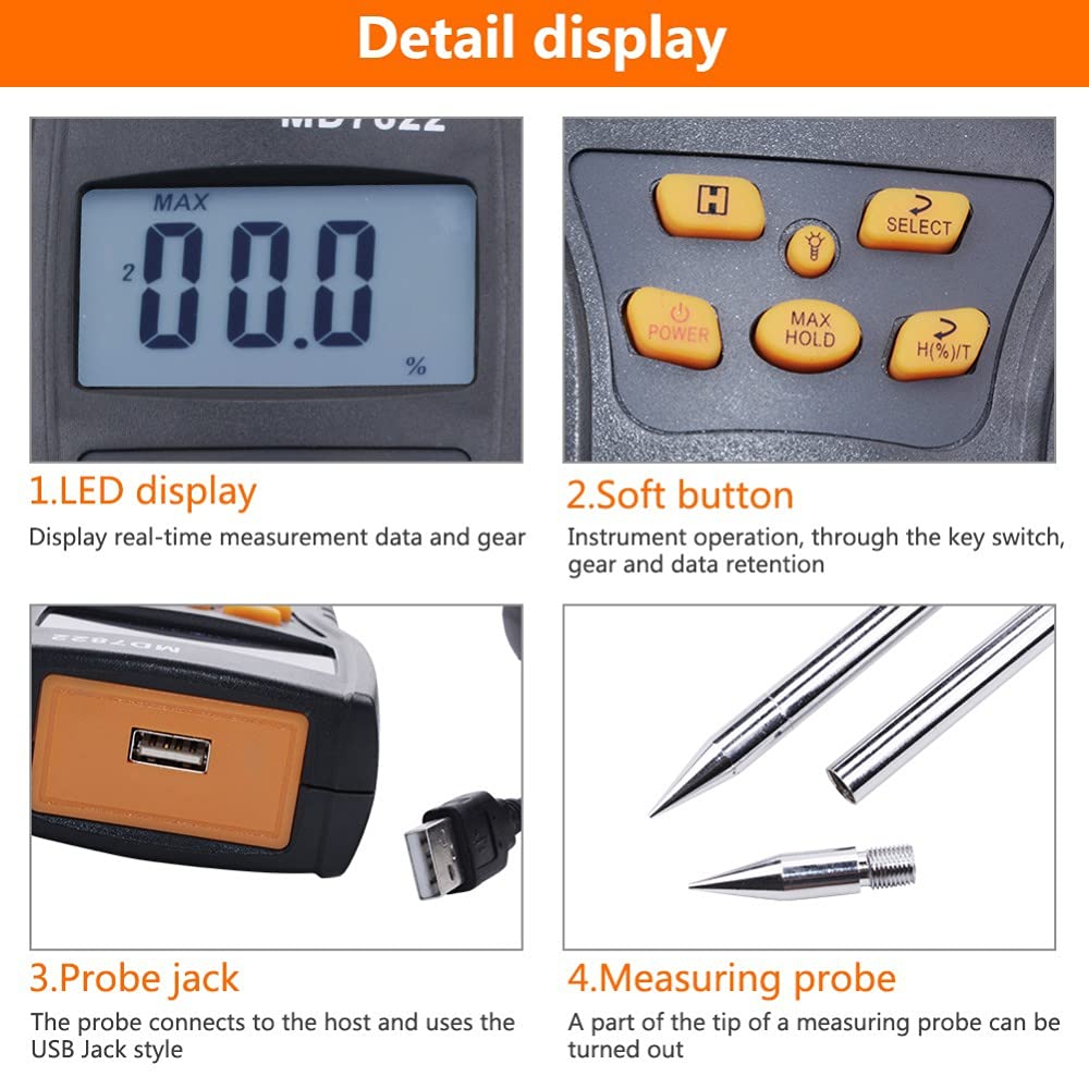 Real Instruments MD7822 Digital Grain Moisture Meter with Probe for Wheat, Rice & Corn