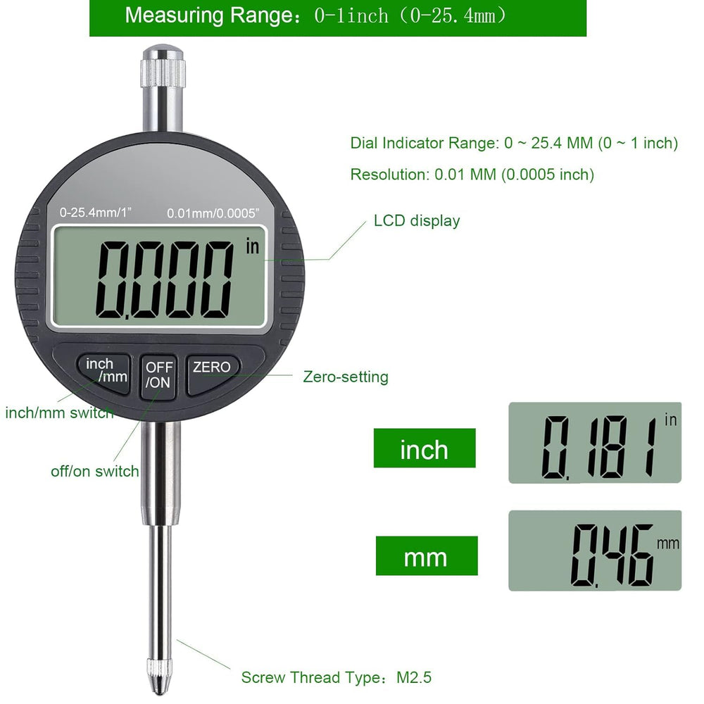 Real Instruments Electronic Digital Dial Indicator Gauge Inch/Metric Conversion 0-1 Inch/25.4 mm Digital Probe Indicator Dial Test Gauge High Resolution: 0.0005''/0.01mm