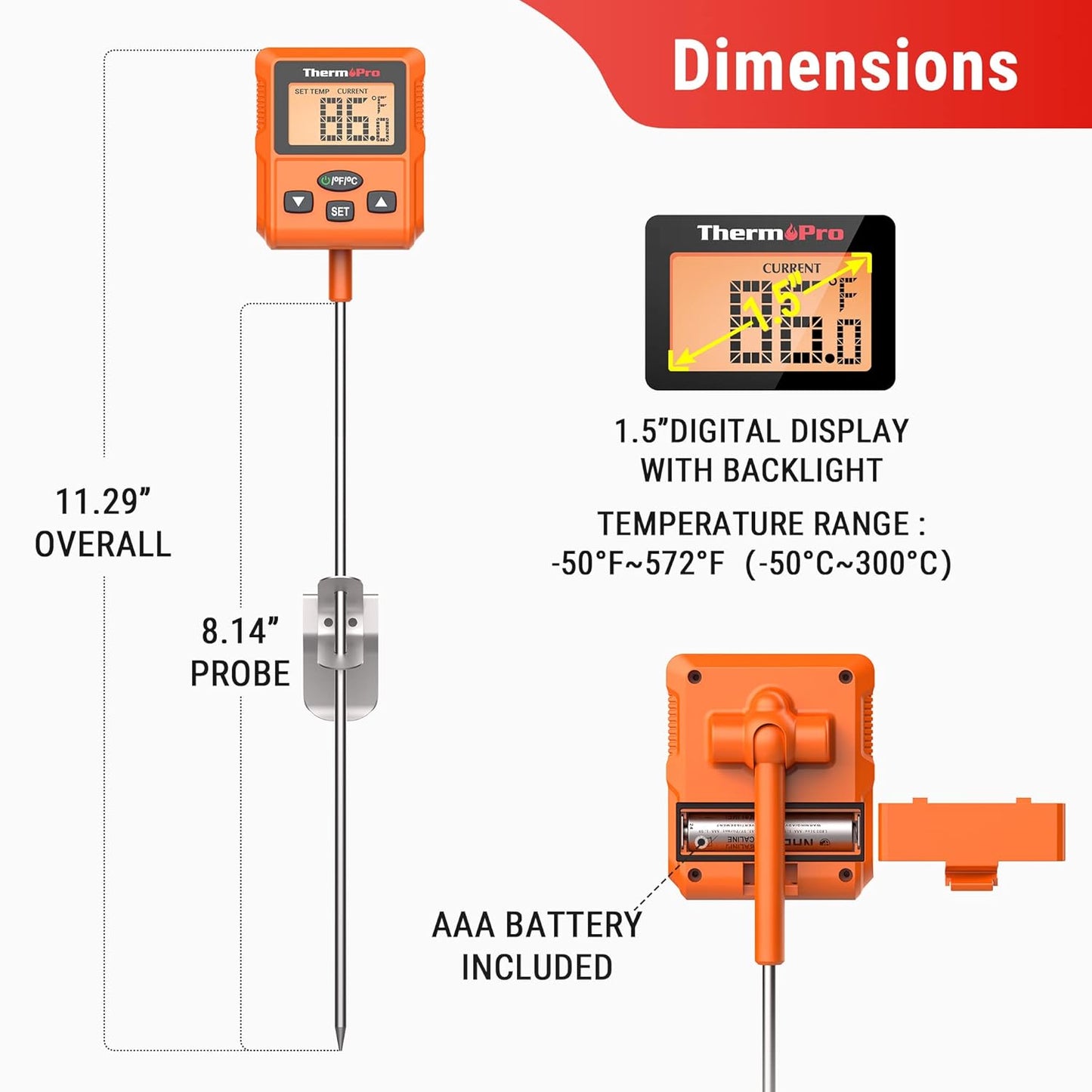 ThermoPro Plastic Tp511 Digital Instant Read Kitchen Food Thermometer,Deep Fry Candy Thermometer With Pot Clip & Backlight & 8" Long Probe Cooking Thermometer For Frying Oil,Liquids,Sugar,Meat,Bbq