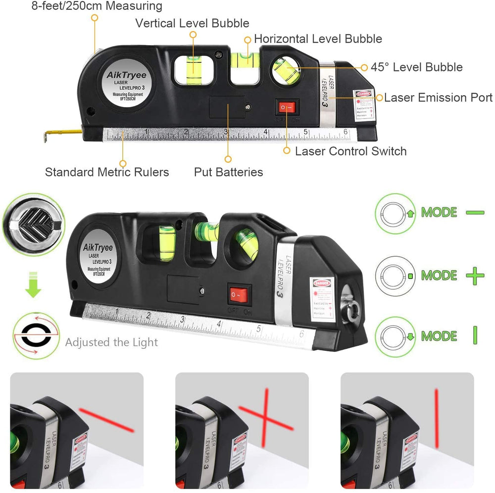 Real Instruments Laser Level Pro 3 – 3-in-1 Multipurpose Laser Level with Measuring Tape, Horizontal & Vertical Bubble Vials, Laser Line Projection for Accurate Alignment and Measurement – Ideal for Home, DIY & Professional Use