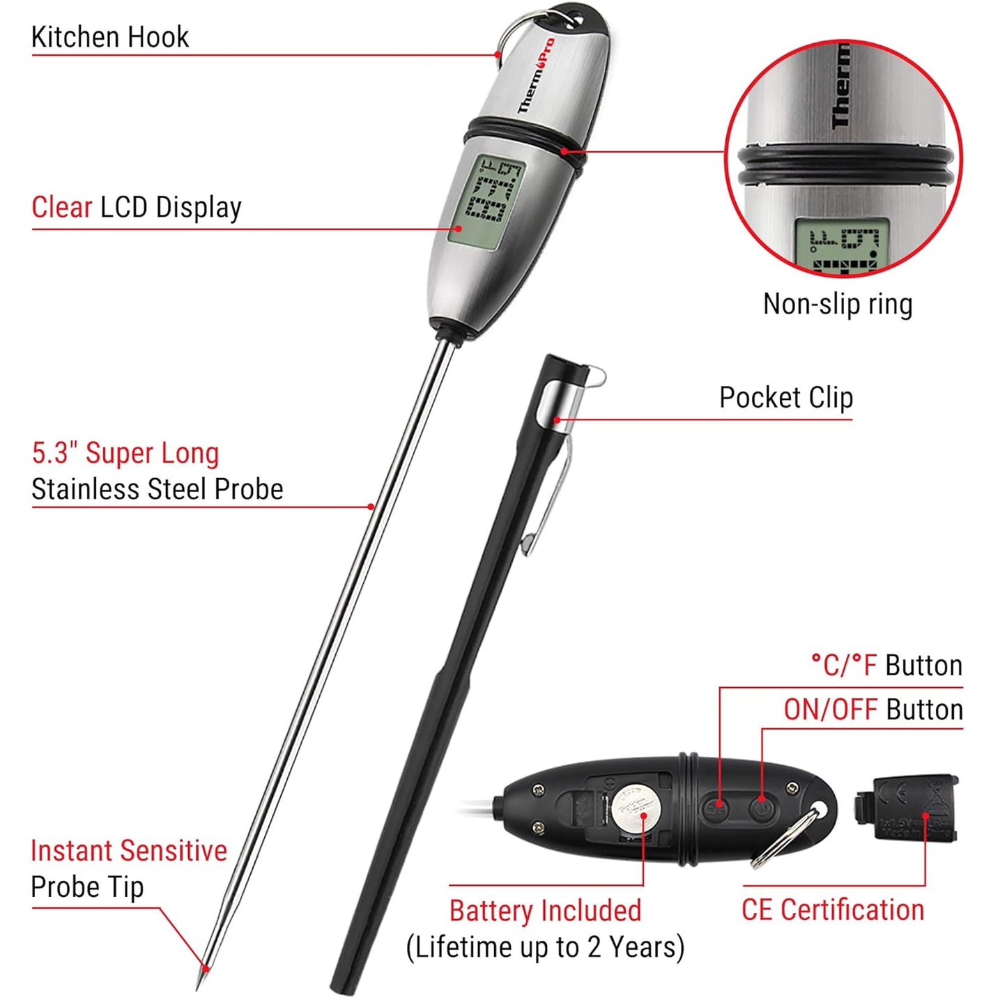 ThermoPro TP-02S Instant Read Meat Thermometer Digital Cooking Food Thermometer with Super Long Probe for Grill Candy Kitchen BBQ Smoker Oven Oil Milk Yogurt Temperature