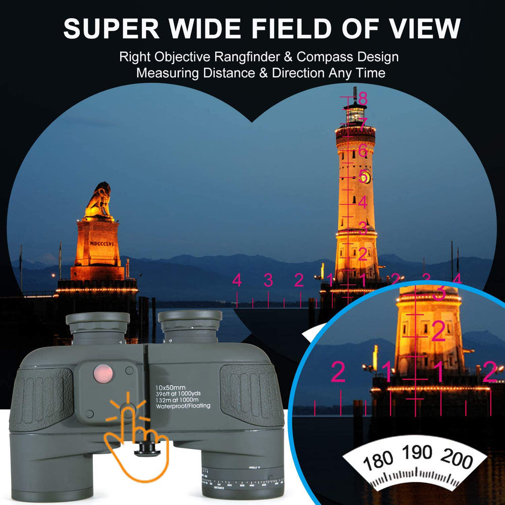 Real Instruments Military-Grade 10x50 Waterproof Binoculars with Built-in Compass & Rangefinder – Floating, Fog-Proof Tactical Optics