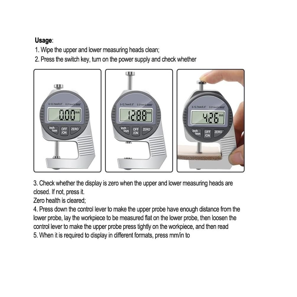 Real Instruments Portable Mini Precise Digital Display Screen Thickness Gauge Meter Measurement Tool Electronic Micrometer Thickness Meter With LCD Display, Unit Conversion, Storage Case 12.7mm