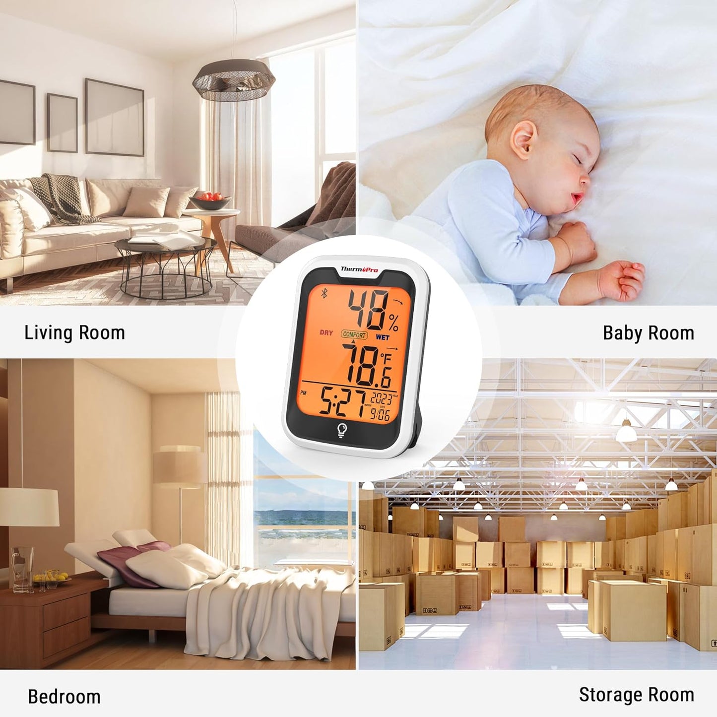 ThermoPro TP358 Bluetooth Thermometer for Room Temperature with Built-in Clock, Smart Temperature Sensor and Humidity Meter with Backlit, 260Ft Hygrometer Indoor Thermometer for Home Greenhouse