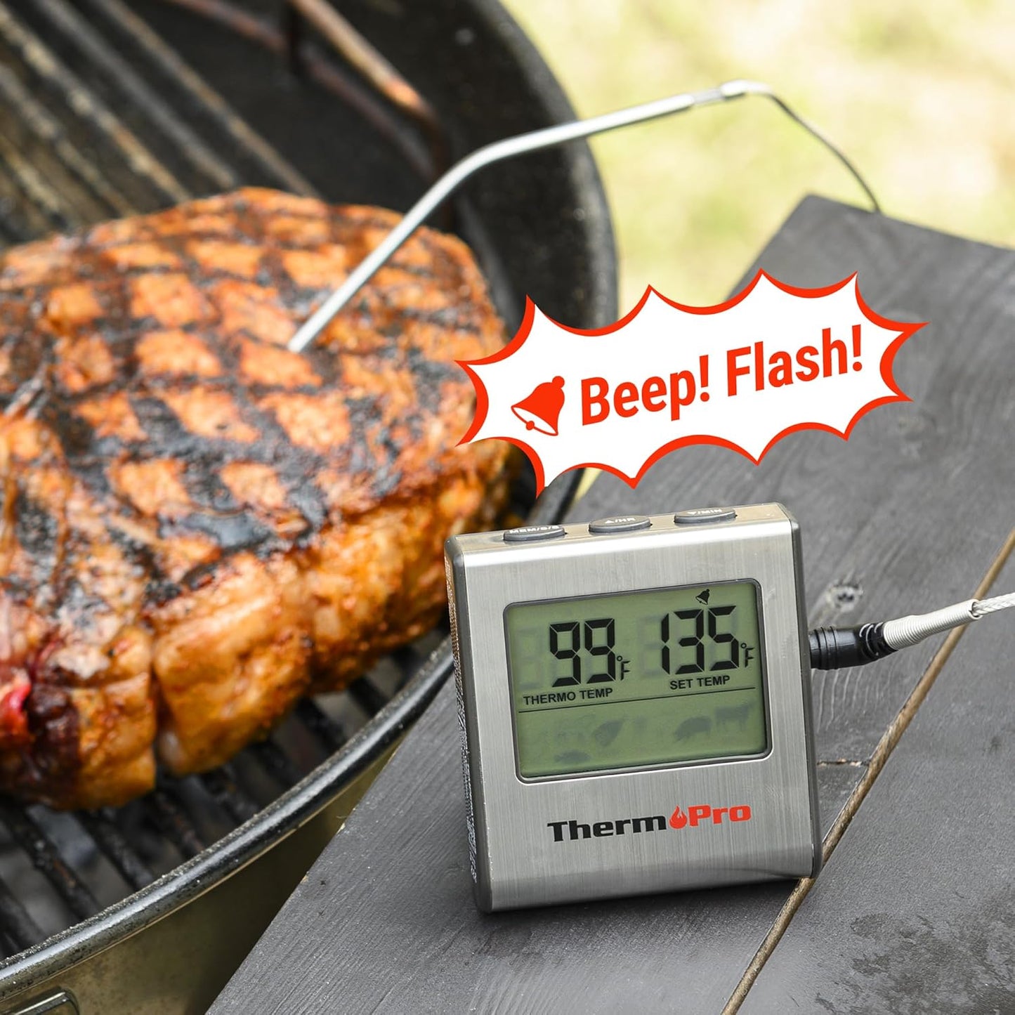 ThermoPro TP-16 Large LCD Digital Cooking Kitchen Thermometer for Food, BBQ, Grill, Meat, Oven, Smoker with Stainless Steel Step-Down Probe and Built in Clock Timer