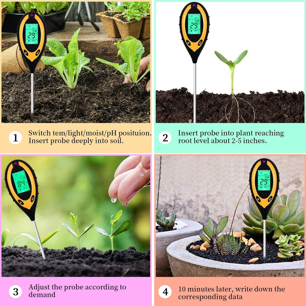 Real Instruments 4 in 1 Soil Ph Tester Moisture Meter Gardening Water Soil Testing Machine with Sensor Prob and Hydroponic Clear Digital LCD Display Set Home and Garden Plants Farming Farm Sunlight