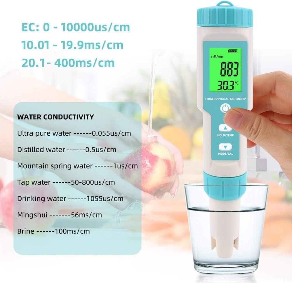 Real Instruments Water Quality Tester 7 in 1 PH Total Dissolved Solids TDS/PH/EC/ORP/Salinity/S.G/Temperature Testing IP67 Waterproof ℃/℉ Units Conversion Automatic Temperature Compensation