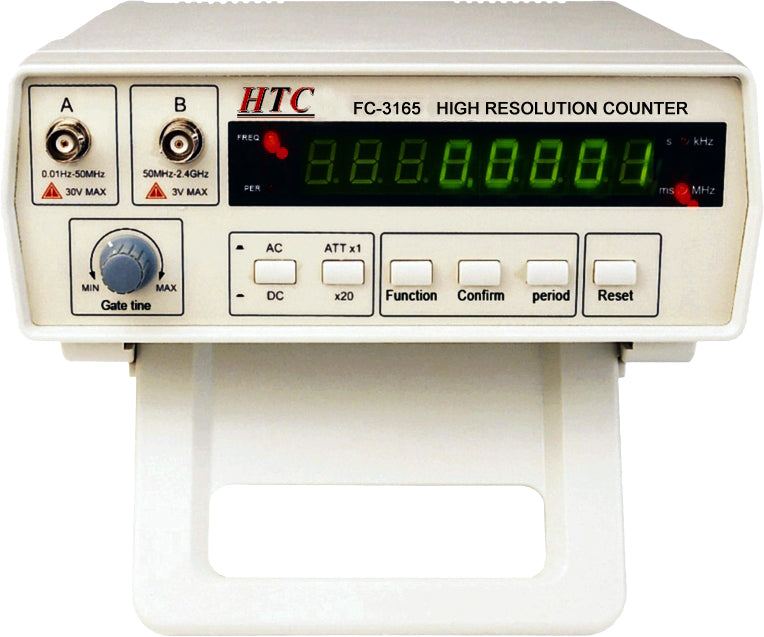 Real Instruments HTC VC-3165 High-Precision Digital Frequency Counter with Dual Channel Input, Wide Frequency Range from 0.01 Hz to 2.4 GHz, Adjustable Gate Time, 8-Digit LED Display, and Stable Operation for Electronic Testing and Laboratory Applications