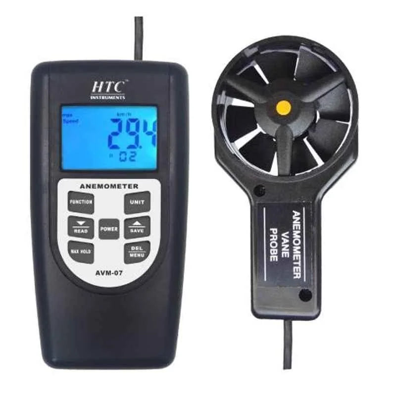 HTC AVM-07 High-Accuracy Digital Vane Anemometer with Large Backlit LCD Display, Multi-Unit Wind Speed and Airflow Measurement in m/s, km/h, ft/min, mph & knots, Temperature Sensing, Max/Min Recording, Data Hold Function, Auto Power Off