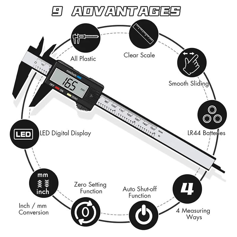 Real Instruments Digital Vernier Caliper 150mm (6 Inch) – Carbon Fiber Body with Plastic Cover Case | LCD Display, Metric & Inch Conversion, Precise Measuring Tool