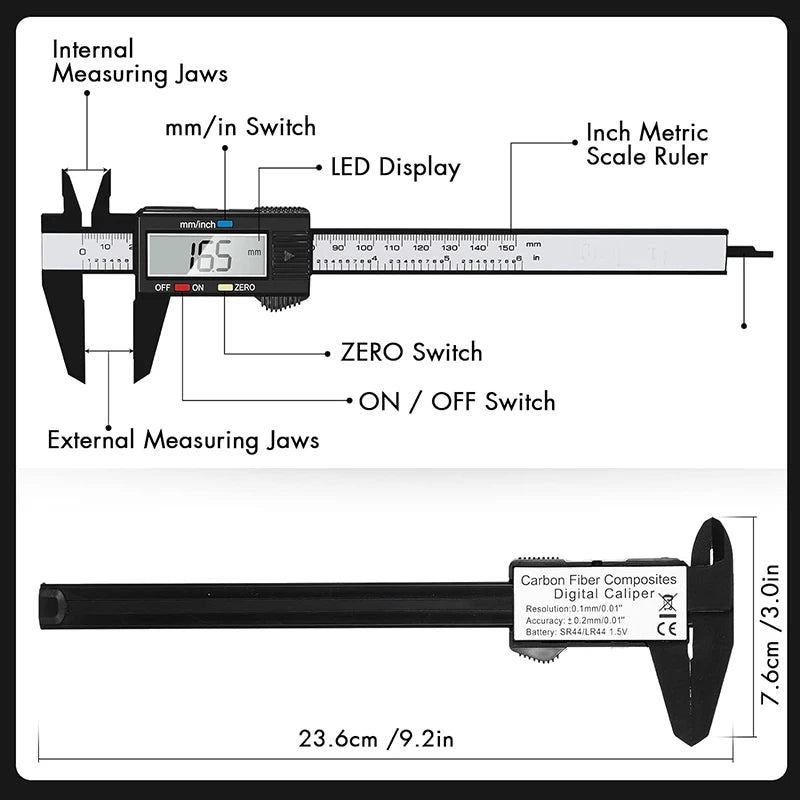 Real Instruments Digital Vernier Caliper 150mm (6 Inch) – Carbon Fiber Body with Plastic Cover Case | LCD Display, Metric & Inch Conversion, Precise Measuring Tool