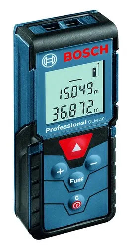 Bosch GLM 40 Professional Laser Distance Meter with High-Precision Measurement, 40m Range, Backlit LCD Display, Multiple Measurement Modes, and Durable Compact Design for Construction and Industrial Use, GLM 40