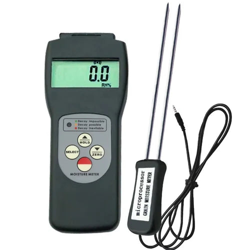 Real Instruments Grain Moisture Meter MC-7806 with 0-50% Moisture Range, -10°C to 65°C Temperature Measurement, Stainless Steel Probe, LCD Display, Automatic Calibration, Data Hold Function, and Durable Portable Design for Agriculture and Quality Control