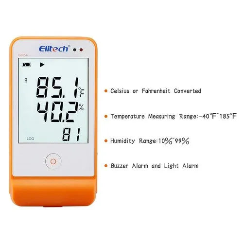 Real Instruments Elitech GSP-6 Digital Temperature and Humidity Data Logger Detachable Dual Probes -40℉ to 158℉ Max Accuracy up to ±0.6℉ Audio Alarm Max/Min Value Large LCD Display, Multi-Use,  GSP-6