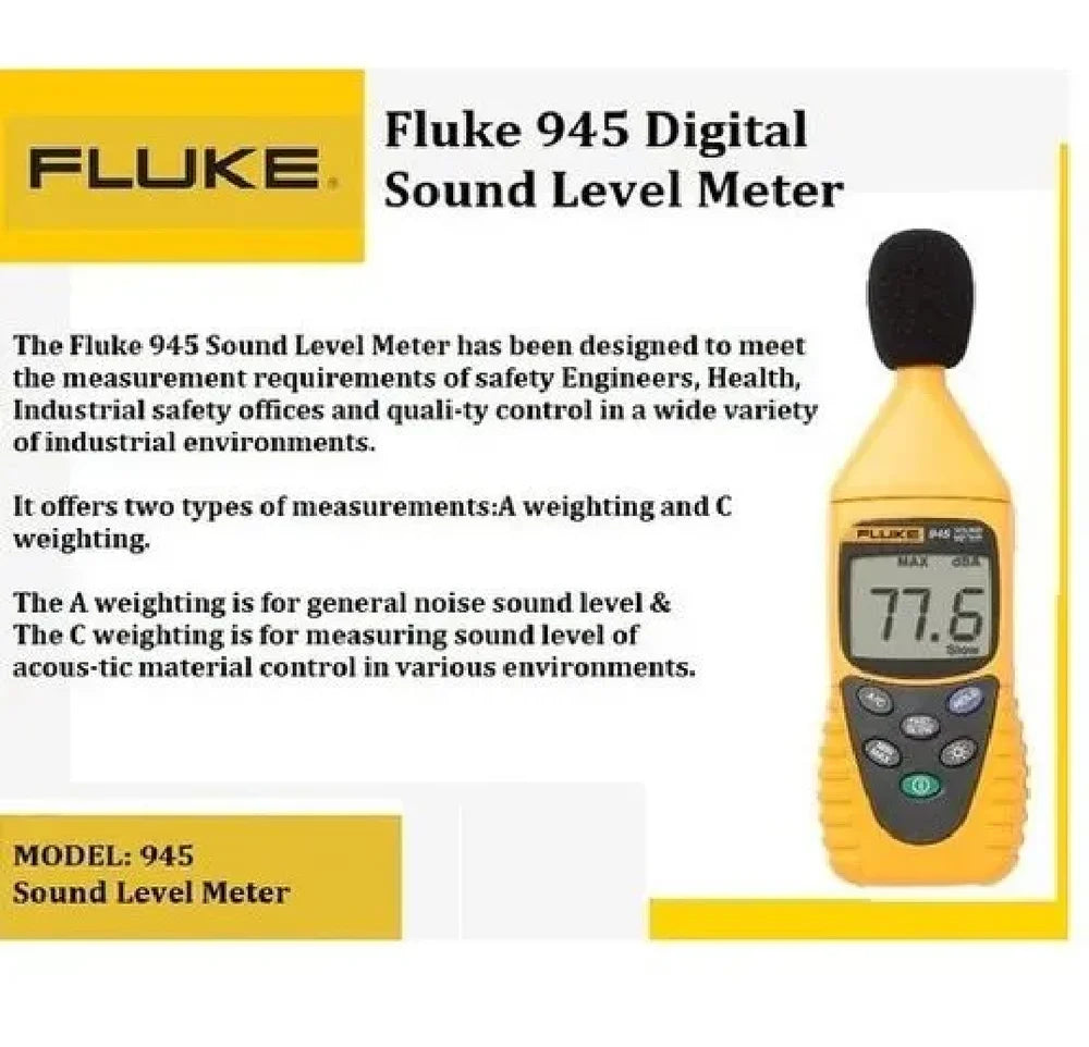 Fluke 945 Digital Sound Level Meter Range 30 dB to 130 dB, A-Weighting, C-Weighting & Flat Frequency Response, Fast/Slow Modes, LCD Display Data Hold Function, Auto Power Off for Environmental, Occupational & Construction Noise Monitoring