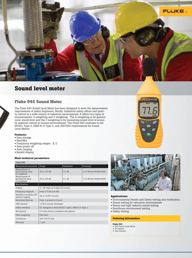 Fluke 945 Digital Sound Level Meter Range 30 dB to 130 dB, A-Weighting, C-Weighting & Flat Frequency Response, Fast/Slow Modes, LCD Display Data Hold Function, Auto Power Off for Environmental, Occupational & Construction Noise Monitoring