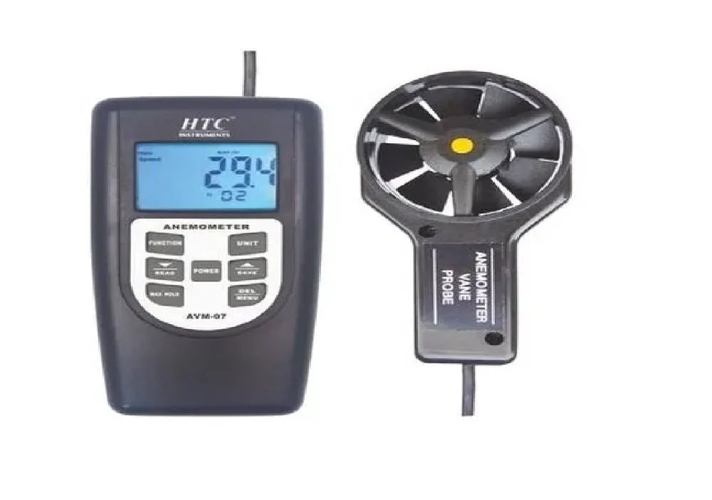 HTC AVM-07 High-Accuracy Digital Vane Anemometer with Large Backlit LCD Display, Multi-Unit Wind Speed and Airflow Measurement in m/s, km/h, ft/min, mph & knots, Temperature Sensing, Max/Min Recording, Data Hold Function, Auto Power Off