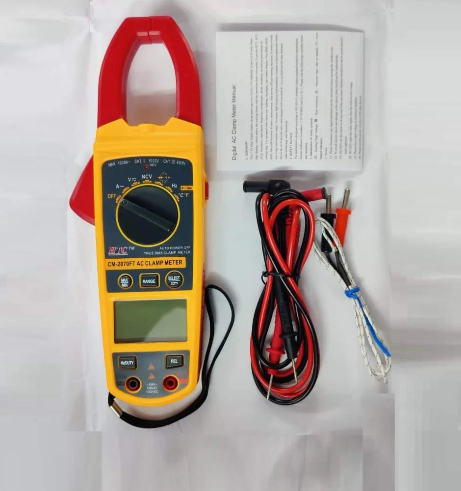 HTC Instrument CM-2070FT Digital Auto Range AC Clamp Meter 1000 Amp with High-Accuracy Current & Voltage Measurement, Advanced Auto-Ranging Function, Wide Measurement Range, Large LCD Display for Electrical, HVAC & Industrial Applications