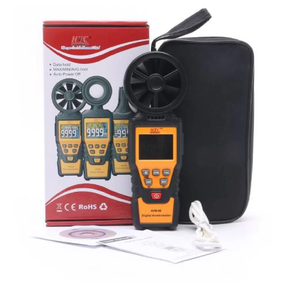 HTC AVM-06 Digital Anemometer with Multi-Unit Wind Speed Measurement, Airflow & Temperature Sensing, Max/Min Recording, Data Hold Function, Auto Power Off & LCD Display for HVAC, Industrial, Environmental and Outdoor Applications