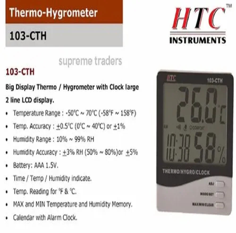 HTC 103-CTH Digital Thermo Hygrometer with Simultaneous Temperature, Humidity, and Time Display, Comfort Index, Memory Function, Calendar, and Alarm Feature for Home, Office, and Industrial Use