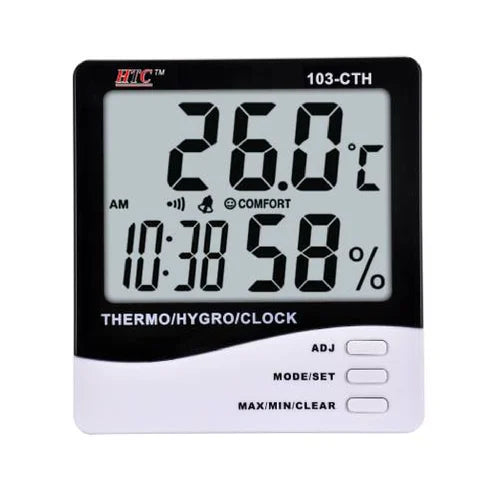 Real Instruments HTC 103-CTH Digital Thermo Hygrometer with Simultaneous Temperature, Humidity, and Time Display, Comfort Index, Memory Function, Calendar, and Alarm Feature for Home, Office, and Industrial Use