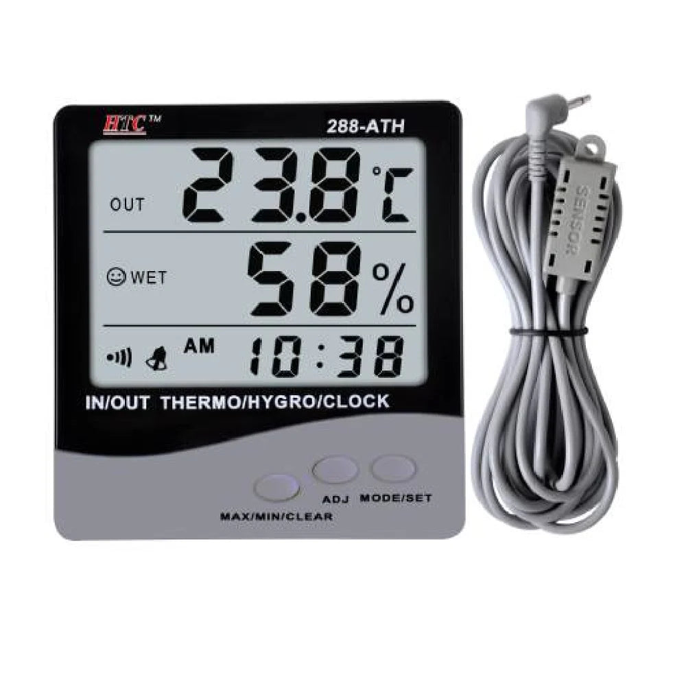 HTC 288-ATH Digital Thermo Hygrometer with Temperature, Humidity, and Time Display, Comfort Index, Memory Function, Calendar and Alarm, and Large LCD Screen for Home, Office, and Industrial Use