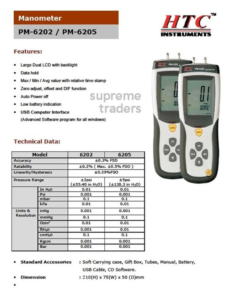 HTC PM-6205 High Precision Digital Manometer 5 PSI  with Multi-Unit Pressure Measurement, Advanced Accuracy, and USB Interface for Industrial, HVAC, and Scientific Applications