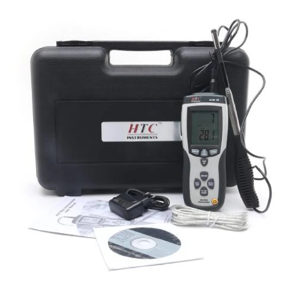 HTC AVM-08 Digital Hot Wire Anemometer with Telescopic Probe, Backlit LCD Display, Multi-Unit Wind Speed & Airflow Measurement in m/s, km/h, ft/min, mph & knots, Temperature Sensing, Max/Min Recording, Data Hold Function, Auto Power Off